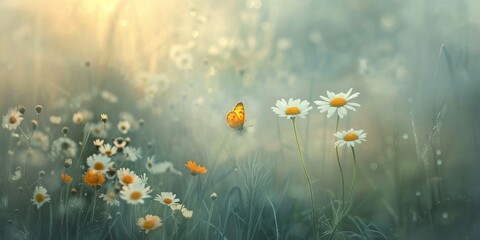 Beautiful wild flowers daisies and butterfly in morning cool haze in nature spring close-up macro. Delightful airy artistic image beauty summer nature