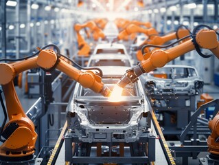 A car is being built in a factory with robots. Scene is industrial and mechanical