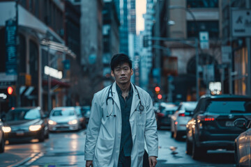An Asian man in a doctor's coat walking down a city street