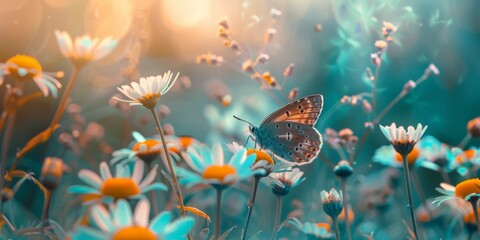 Beautiful wild flowers daisies and butterfly in morning cool haze in nature summer close-up macro. Delightful airy artistic image beauty summer nature.  - obrazy, fototapety, plakaty