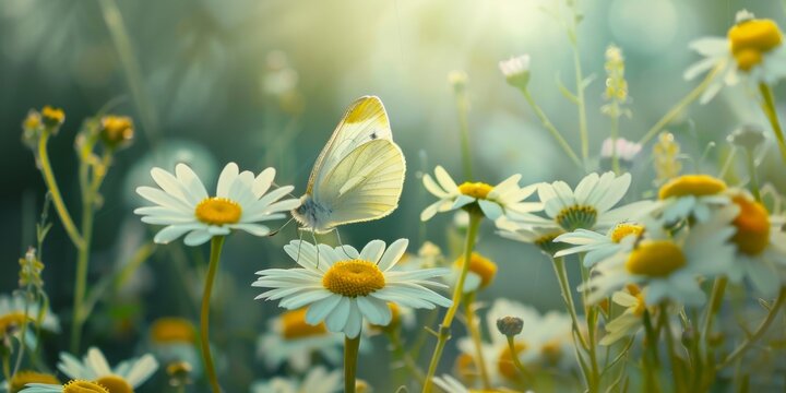 Beautiful wild flowers daisies and butterfly in morning cool haze in nature summer close-up macro. Delightful airy artistic image beauty summer nature. 