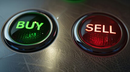 Illustration of two glowing semi translucent buttons, left is green "BUY", right is red "SELL".