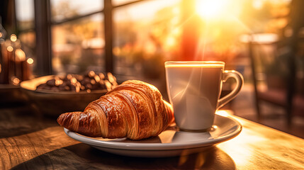 A white coffee cup sits on a white plate next to a croissant.