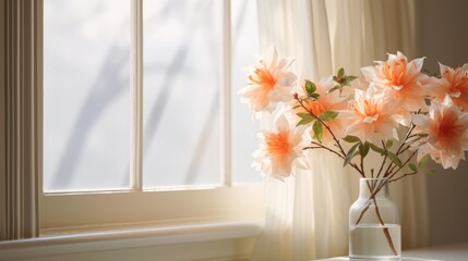 A bouquet of pink flowers in a vase on the windowsill. Flowers as a decoration for the windowsill and at home. Delicate flowers.