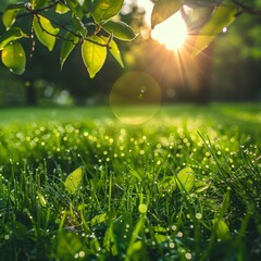 Natural herbal background. Juicy fresh green grass and tree leaves with drops of dew sparkle in morning light, spring summer outdoors