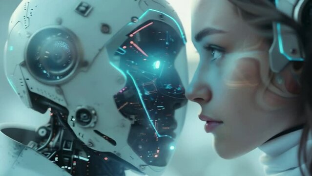 A robot and a woman are kissing each other 4K motion