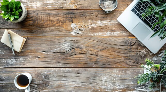 Top view photo of an Aesthetic desk in weathered wood.