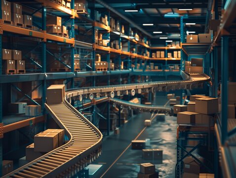 A conveyor belt in a warehouse with boxes stacked on top of each other. The boxes are of different sizes and colors
