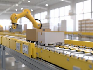A robot is moving a box down a conveyor belt. The robot is yellow and has a box on its back