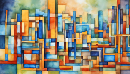 Colorful Abstract Geometric Watercolor Cityscape