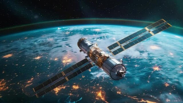 A satellite is flying through the sky above the Earth 4K motion