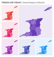 Trinidad and Tobago map collection. Country shape with colored regions. Deep Purple, Red, Pink, Purple, Indigo, Blue color palettes. Border of Trinidad and Tobago with provinces for your infographic.