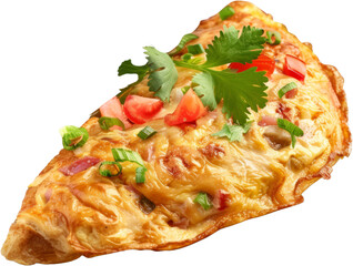 Fluffy folded omelette garnished with fresh herbs, cut out transparent