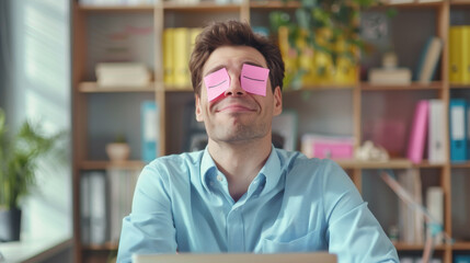 A man sits with sticky notes over his eyes that have cartoon eyes drawn on them, suggesting playfulness amidst work. - obrazy, fototapety, plakaty