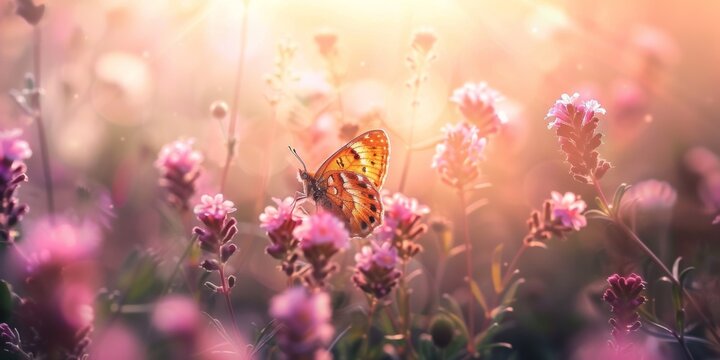 Beautiful wild flowers and butterfly in nature summer close-up macro. Delightful airy artistic image beauty summer nature.