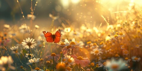 Beautiful wild flowers and butterfly in nature summer close-up macro. Delightful airy artistic image beauty summer nature.