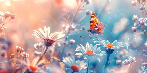 Beautiful wild flowers and butterfly in nature summer close-up macro. Delightful airy artistic image beauty summer nature.