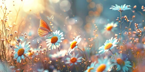 Fototapeta na wymiar Beautiful wild flowers daisies and butterfly in morning cool haze in nature spring close-up macro. Delightful airy artistic image beauty summer nature. 