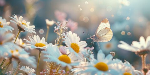 Beautiful wild flowers daisies and butterfly in morning cool haze in nature spring close-up macro. Delightful airy artistic image beauty summer nature.  - obrazy, fototapety, plakaty