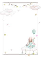 Baby bunny. Gender neutral. Watercolor frame, background for Birthday, gender party, baby shower, children's party. Children's illustration in pastel colors. Vertical card, poster, greeting card..