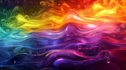 A colorful wave of water with bubbles and a rainbow