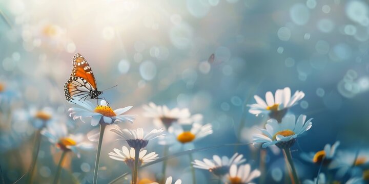 Beautiful wild flowers daisies and butterfly in morning cool haze in nature spring close-up macro. Delightful airy artistic image beauty summer nature. 
