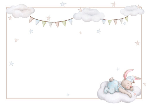 Baby bunny. Boy. Watercolor frame, background for Birthday, gender party, baby shower, children's party. Children's illustration in pastel colors. Horizontal card, poster, invitation, greeting card.