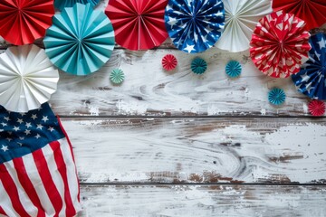 american flag on white wood background with red, blue and white striped paper fans Generative AI