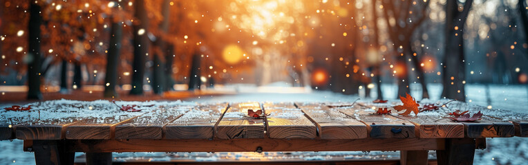 Empty Wooden Table With Snow Background