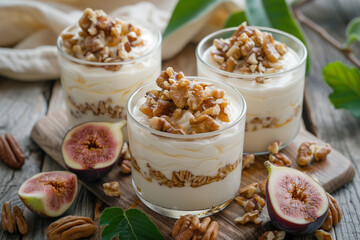 Three Desserts With Figs and Nuts on Table