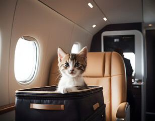 Cat on board an airplane. AI generated.