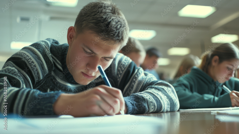 Wall mural A young male student with glasses engrossed in writing during a classroom exam.