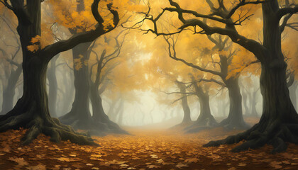Detailed oil painting of spooky forest with yellow leaves on trees. Misty woods Wild nature. Autumn season
