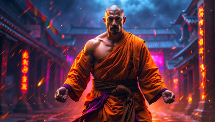 A Shaolin monk in fighting position - obrazy, fototapety, plakaty