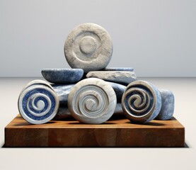 A group of several different types of rocks and bowls on a wooden stand. Generative AI.
