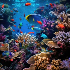 Fototapeta na wymiar A colorful coral reef with many fish swimming around it. Generative AI.