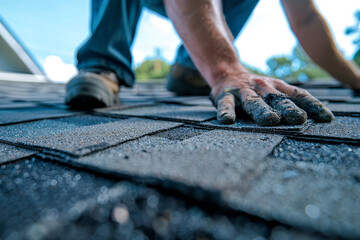 A close-up image of a home repair, focusing on a roofer installing shingles on a roof. - obrazy, fototapety, plakaty