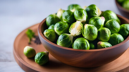 Fresh raw Brussels sprouts in a wooden bowl