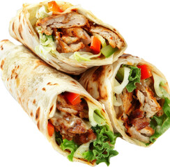 Chicken shawarma wrap with fresh vegetables and herbs, cut out transparent