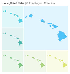 Hawaii, United States. Map collection. State shape. Colored counties. Light Blue, Cyan, Teal, Green, Light Green, Lime color palettes. Border of Hawaii with counties. Vector illustration.