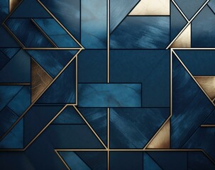 A blue and gold geometric pattern on a wall. Generative AI.