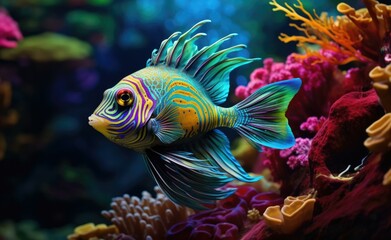 A colorful fish swimming in an ocean with coral and other sea life. Generative AI.