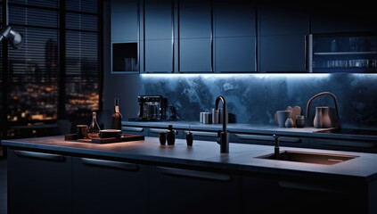 A kitchen with a sink and counter top in the dark. Generative AI.