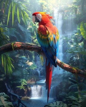 A colorful parrot perched on a branch in front of waterfall. Generative AI.