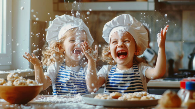 Two children in chef attire exult in a flour-filled baking session. - Powered by Adobe