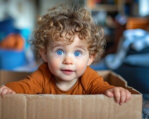 A little boy with blue eyes sitting in a cardboard box. Generative AI.