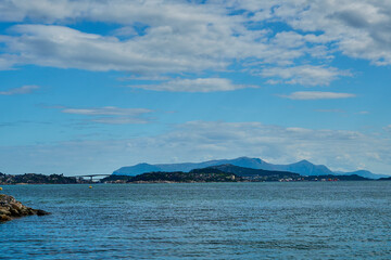 skyline of Kristiansund along the coastline of the atlantic ocean in Norway.