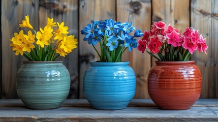 Three Vases With Different Colored Flowers