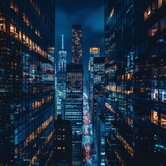A view of a city at night with lights shining through the buildings. Generative AI.