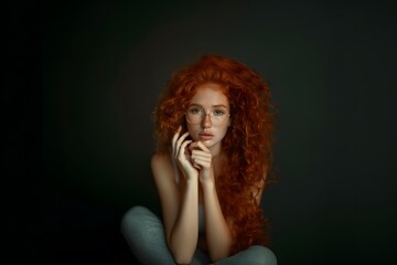 A woman with red hair sitting on the ground